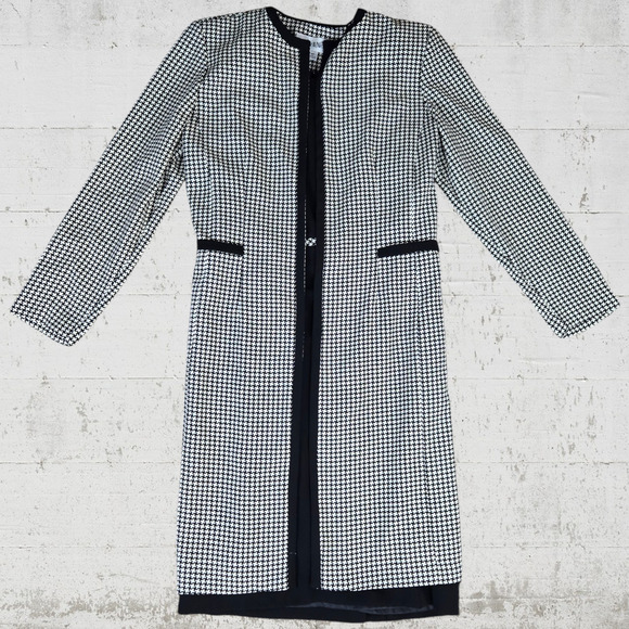 90s Houndstooth Dress Jacket Set Vintage Longline Blazer & Sheath Dress Size 4P - Picture 1 of 13